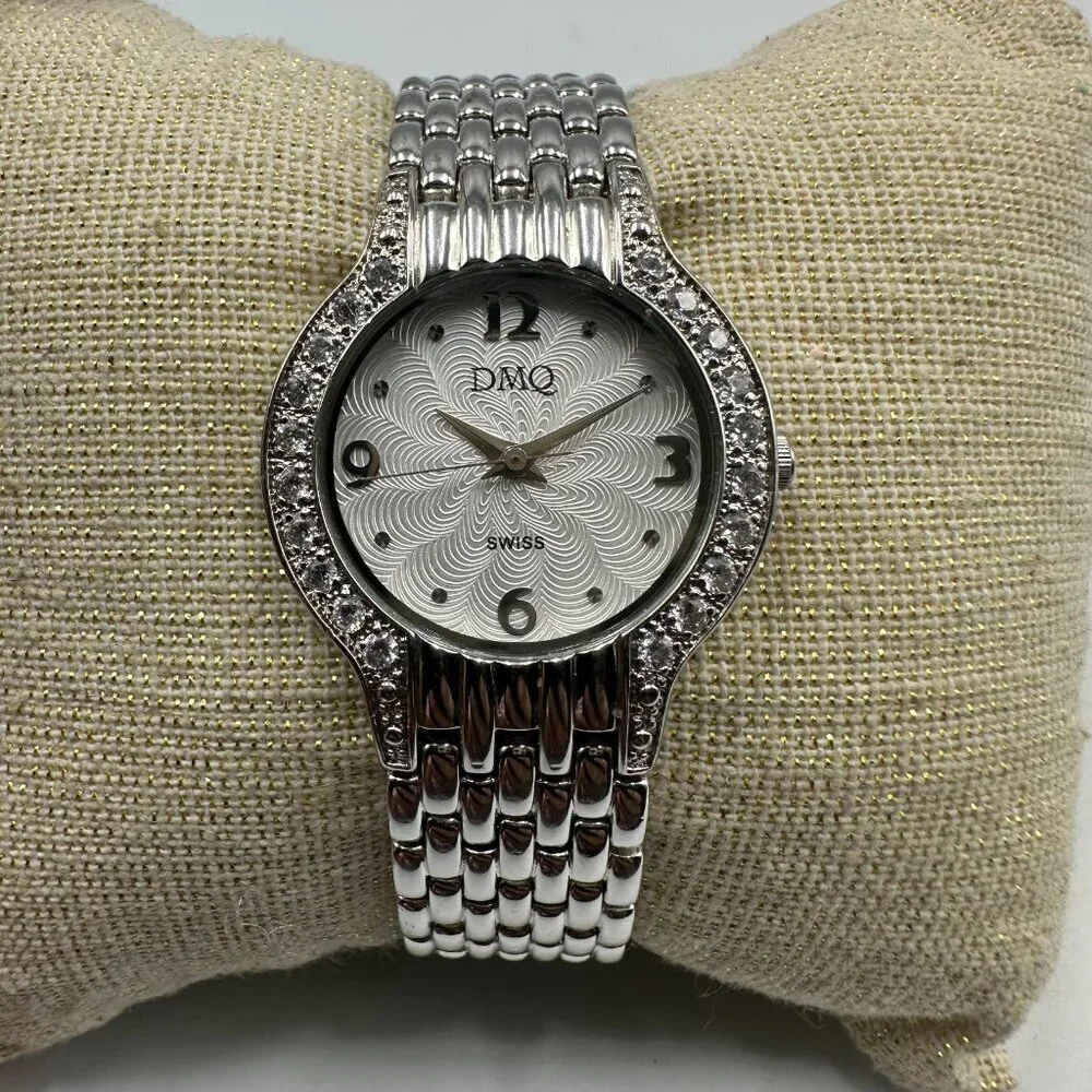 DMQ Watch Women Silver Tone Crystal Bezel Round Dial New Battery 6.5 Inch